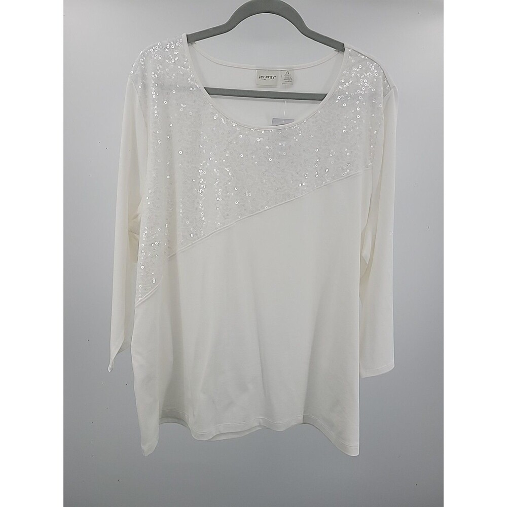 New Zenergy By Chico's Gabrielle Sequined Tee Sz 2X Elevated Basic Neutral